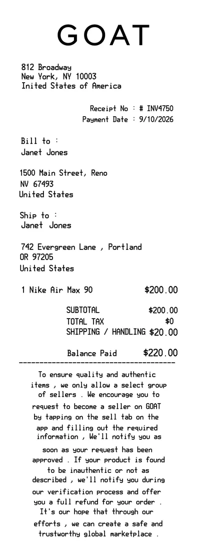 GOAT Sneakers Receipt Store