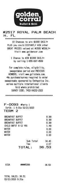 Golden Coral Receipt