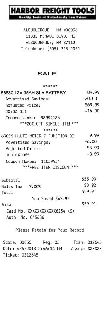 Harbor Freight Tools Receipt