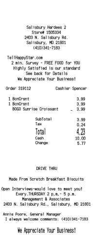 Hardees Receipt