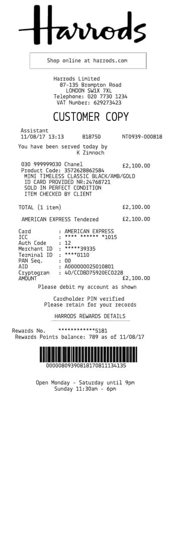 Harrods Receipt