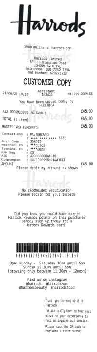 Harrods Receipt London