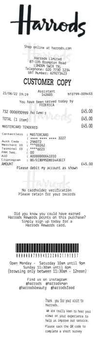 Harrods Receipt London