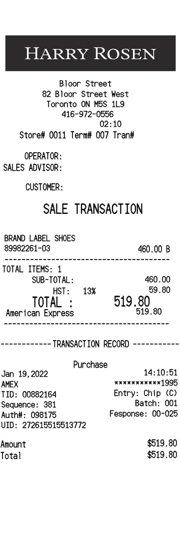 Harry Rosen Receipt Canada