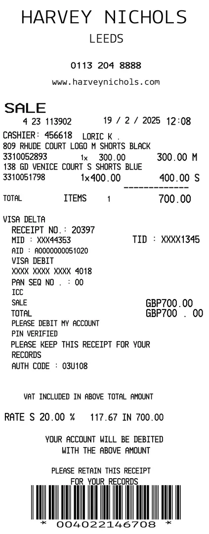 Harvey Nichols Receipt