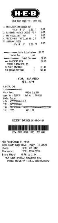 HEB Food and Drug Store Receipt
