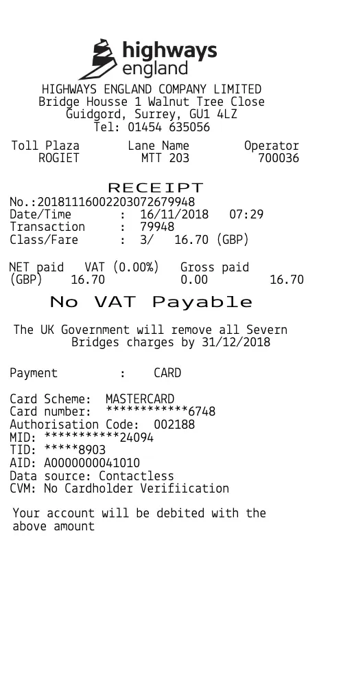 Highway Toll Receipt