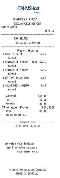 HMS Host Airport Starbucks Receipt