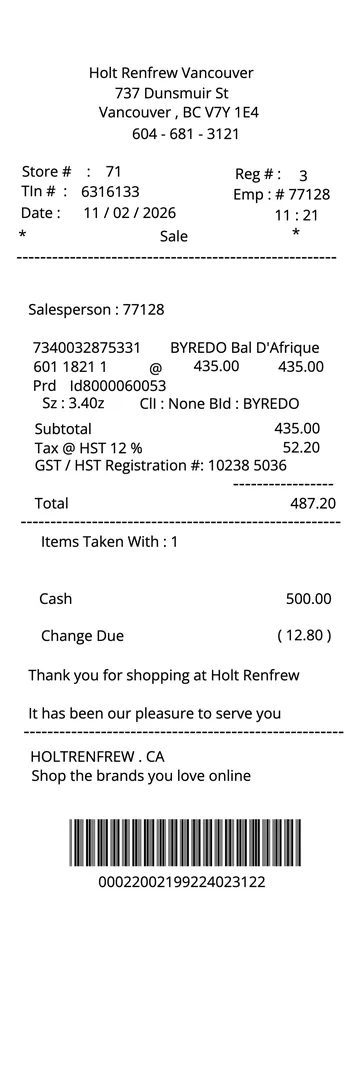Holt Renfrew Receipt