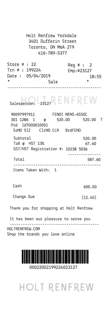 Holt Renfrew Receipt