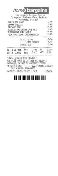Home Bargains Receipt UK
