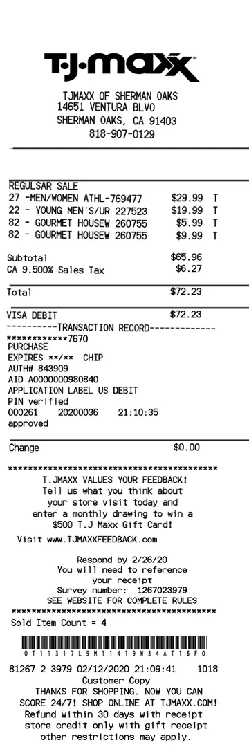 Homegoods TJ Maxx Receipt