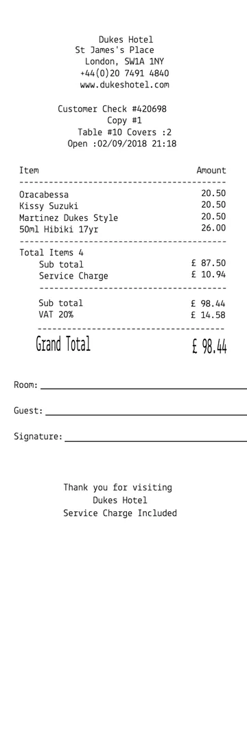 Hotel Restaurant Receipt