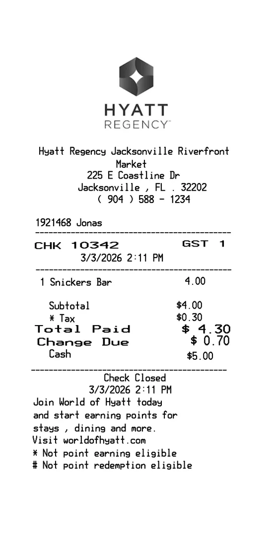 Hyatt Hotel Food Purchase Receipt
