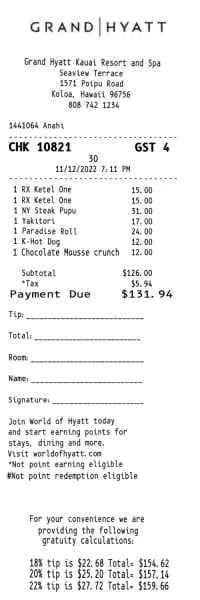 Hyatt Resort Dining Bar Receipt