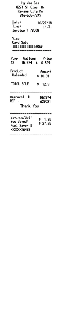 HyVee Gas Station Receipt