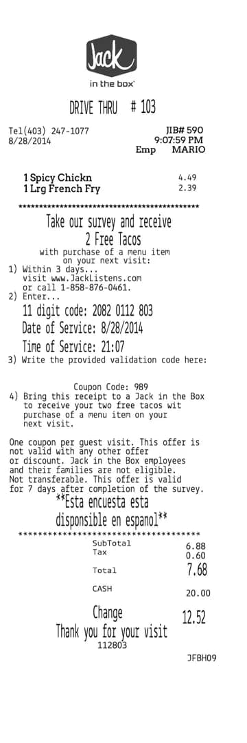 Jack in the Box Receipt