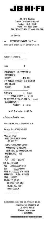 JB Hi-Fi Receipt Australia