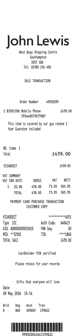 John Lewis Receipt