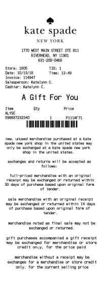Kate Spade Receipt