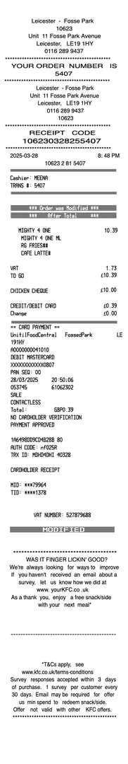KFC UK Receipt