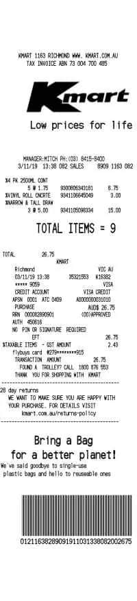 Kmart Receipt - Australia