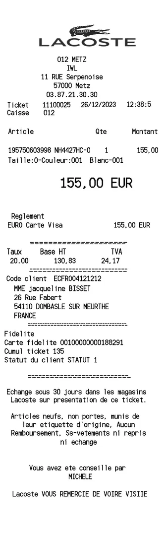 Lacoste Receipt
