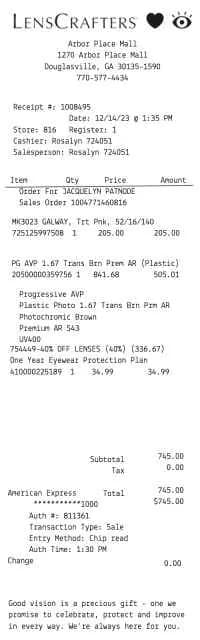 LensCrafters Receipt