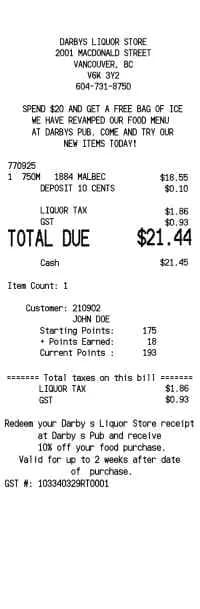 Liquor Wine Receipt