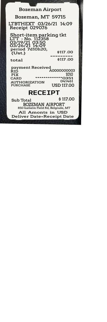 Long Term Parking Airport Receipt