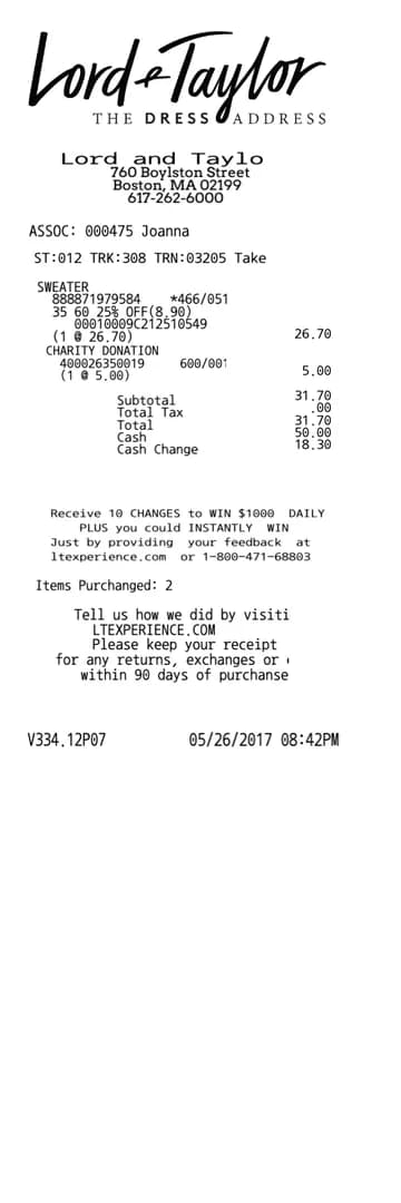 Lord Taylor Receipt