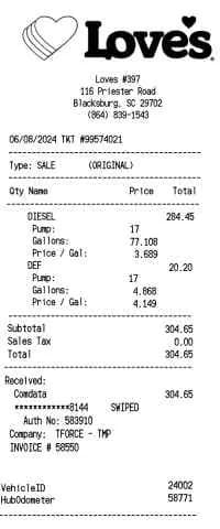 Loves Fuel Receipt