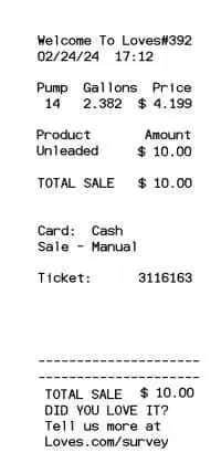 Loves Fuel Receipt