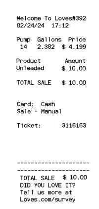 Loves Fuel Receipt