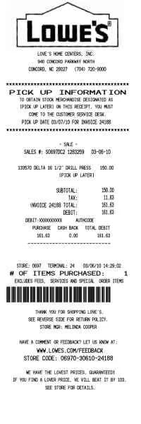Lowes Home Center - Credit Card Receipt