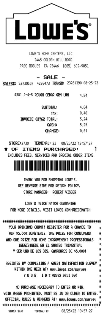 Lowes Receipt Cash
