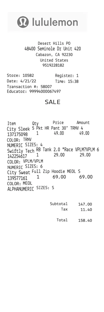 Lululemon Receipt