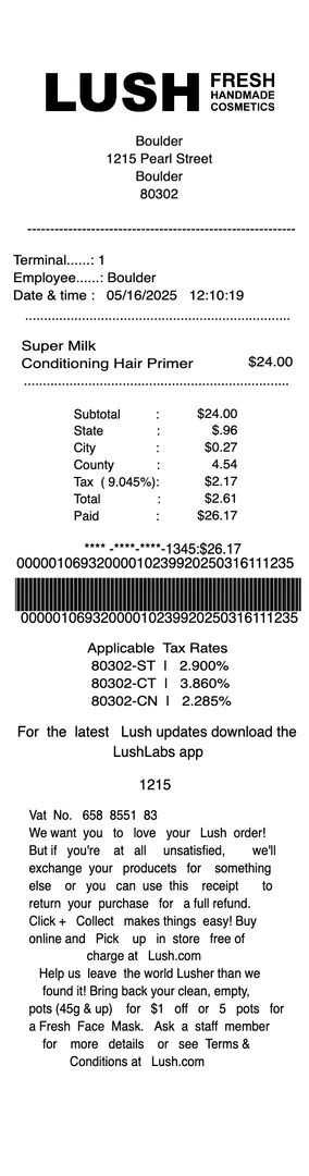 Lush Cosmetics Receipt