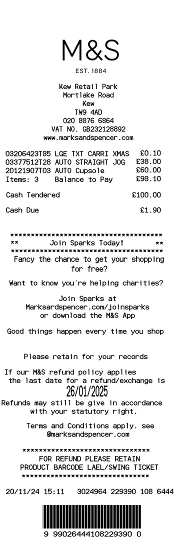 M and S - Mark and Spencer Receipt