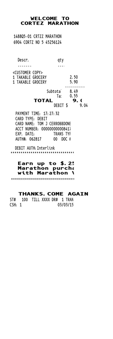 Marathon Gas Station Receipt