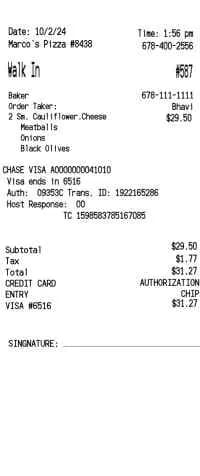 Marcos Pizza Receipt