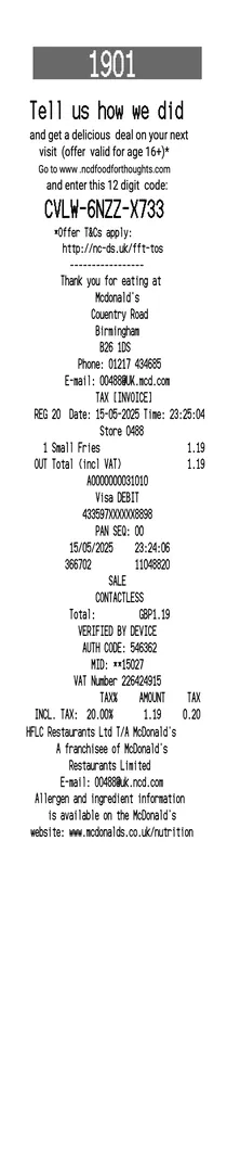 McDonalds UK Receipt