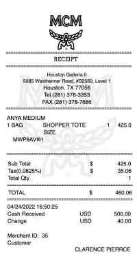 MCM Receipt