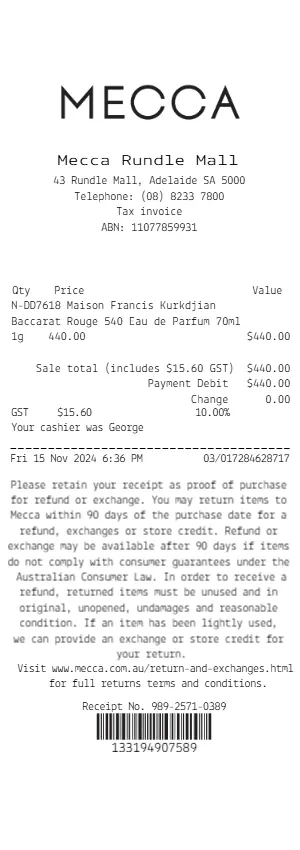 Mecca Australia Receipt