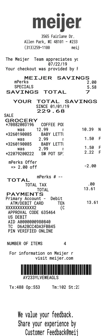 Meijer Grocery Store Receipt
