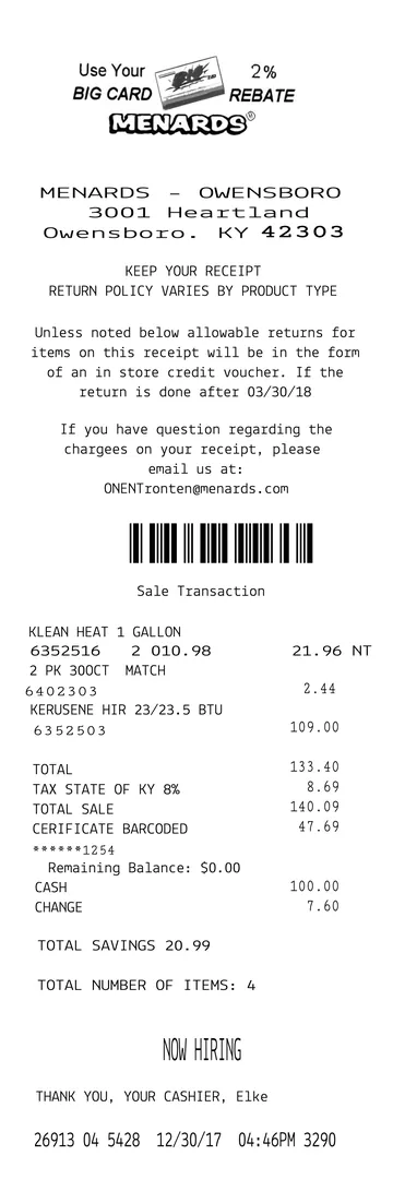 Menards Receipt 2