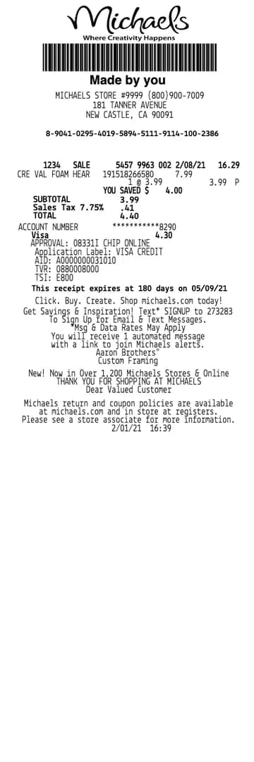 Michaels Receipt