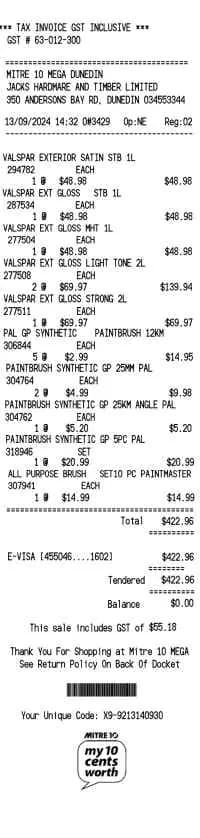 Mitre 10 Receipt
