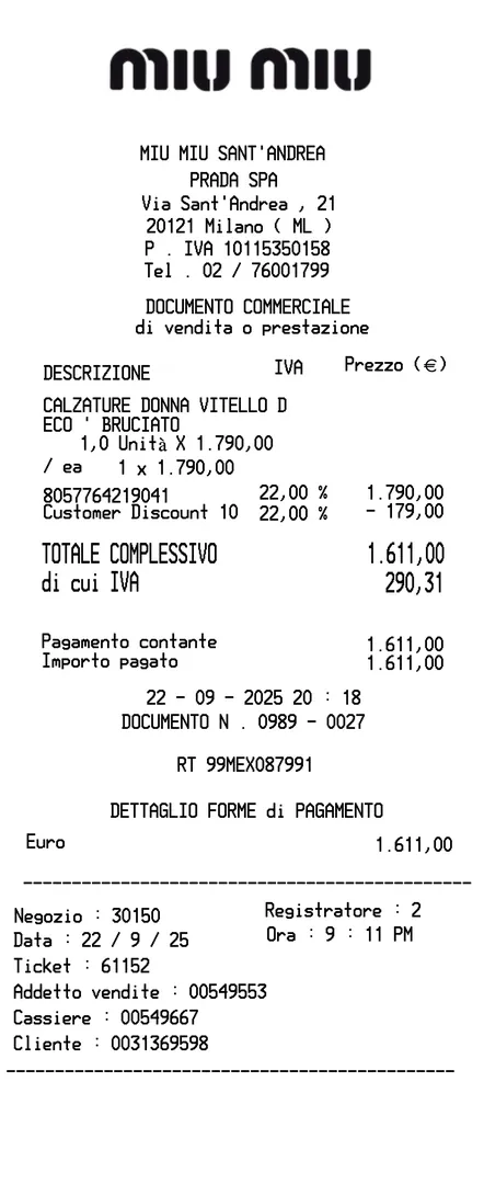Miu Miu Receipt