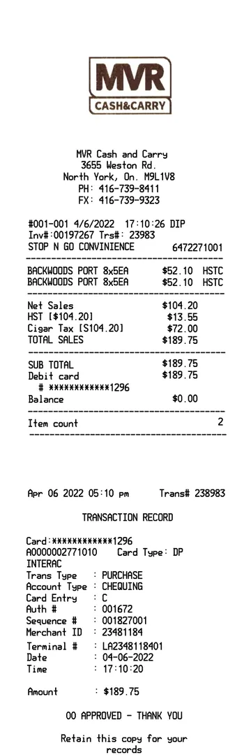 MVR Cash Carry Receipt